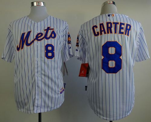 Mets #8 Gary Carter White(Blue Strip) Home Cool Base Stitched MLB Jersey - Click Image to Close